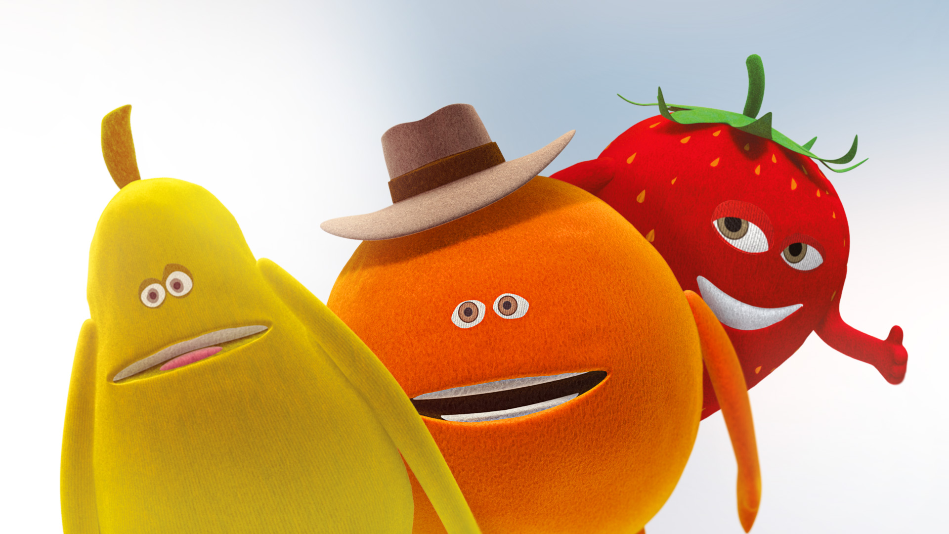 Mascottes 3D poire, orange et fraise Oasis