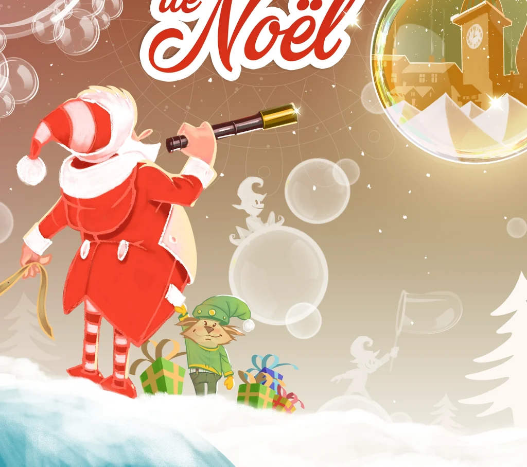 Père Noël au milieux de bulles et de neige